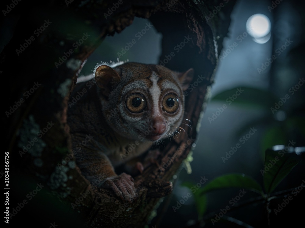 Naklejka premium Slow Loris Peers Out from Dark Forest Branch