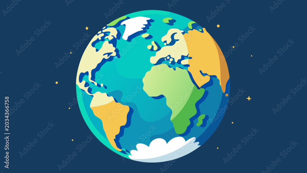 Naklejka premium Stylized earth globe floating in a dark starry sky continents and oceans with simple shapes and colors planet earth universe astronomy celestial illustration representation continents