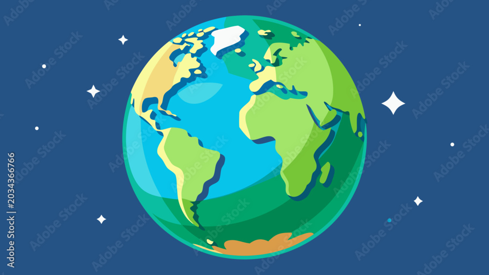 Fototapeta premium Cartoonish earth globe in space with twinkling stars and a dark blue background green and blue continents planet earth universe astronomy celestial illustration representation
