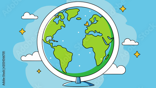 Cartoon-style globe with continents clouds stars on a blue sky background illustration stylized abstract children education geography representation whimsical