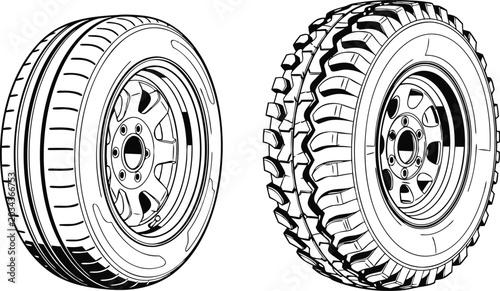 Obraz na płótnie Black and white vector illustration of standard car wheel next to heavy duty rug