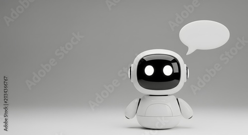 A small white futuristic robot character standing next to a blank speech bubble on a neutral grey background.