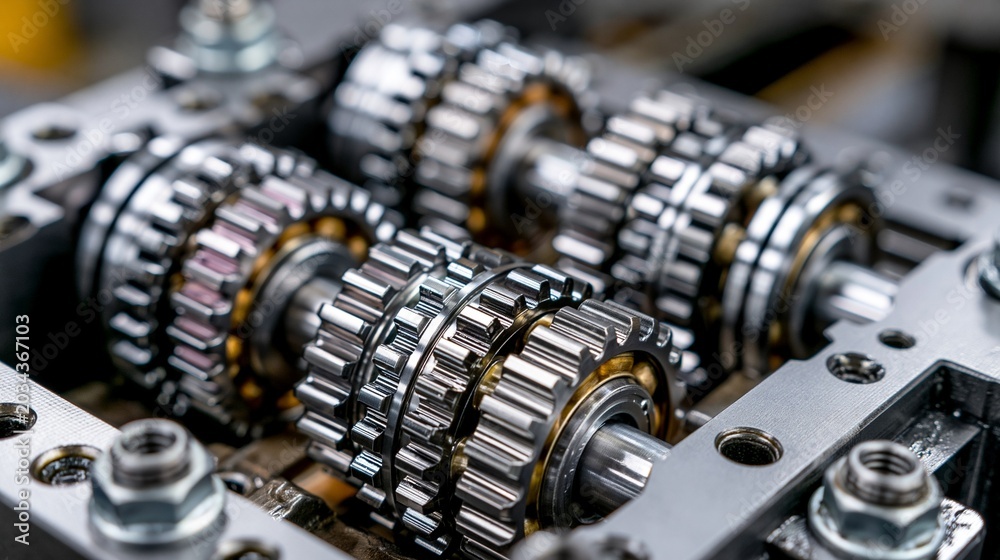 Fototapeta premium Closeup medium view of a crankdriven oil pump assembly where engineers carefully align rotors for balance and efficiency during the production process.