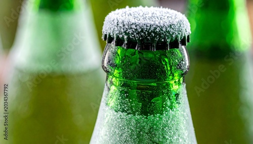 Chilled Green Beer Bottles with Frost.