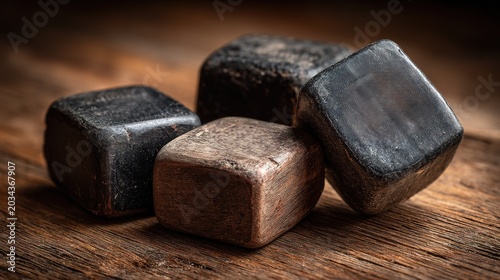Dark, Square Stones Resting on Wooden Surface