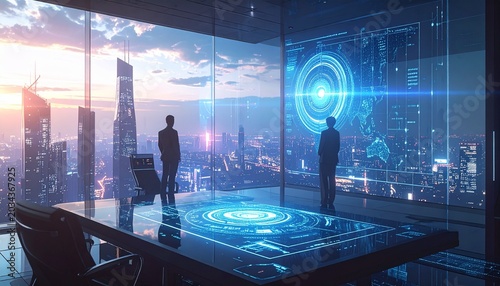 Futuristic Office with Cityscape and Technology.