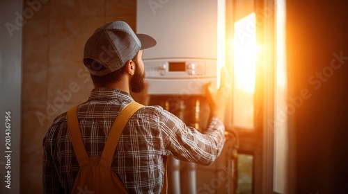 Stock Inspector Examining Boiler in Sunlit Room