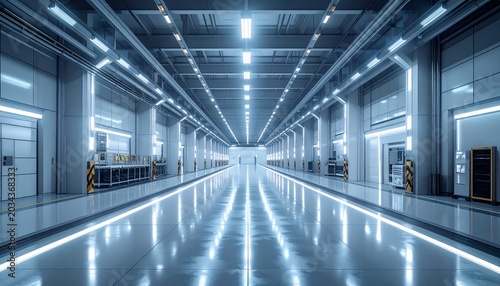 Modern Industrial Warehouse Interior with Bright Lighting.