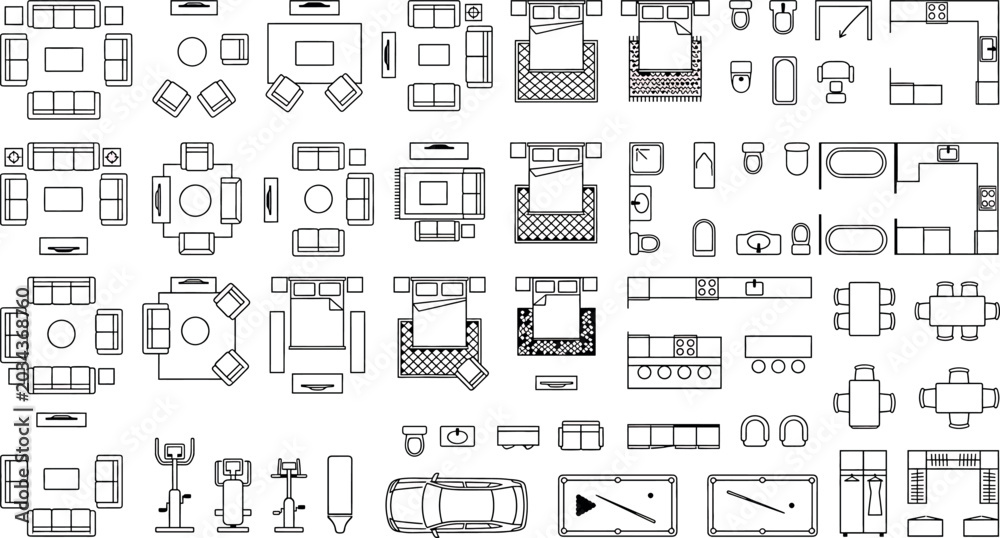 Obraz premium Set of furniture icons for interior design, top view, including sofas, beds, tables, chairs, kitchen units, bathroom fixtures and gym equipment