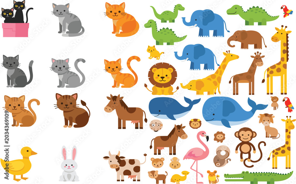 Fototapeta premium Cute cartoon animal collection vector illustration featuring cats, elephants, giraffes, whales, farm animals, and jungle wildlife character set