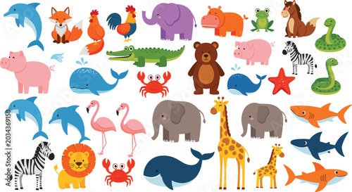 Photography Cute wild and marine animals collection vector illustration featuring cartoon sa
