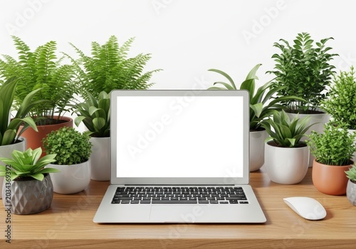 A sleek laptop surrounded by lush indoor plants on a wooden desk