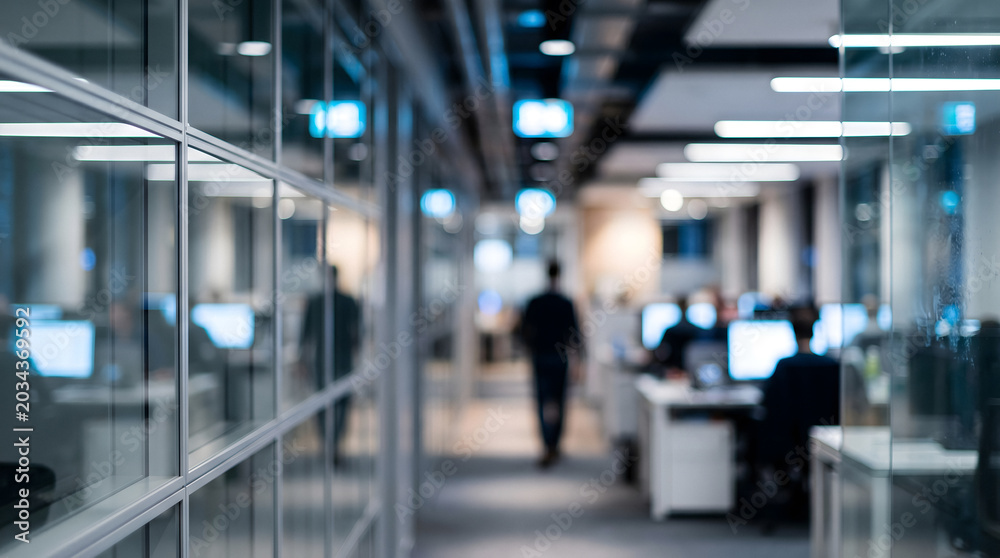 Fototapeta premium Modern office workspace with glass partitions and blurred employees collaborating indoors