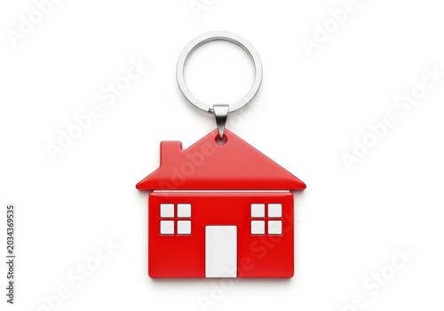 Red house-shaped keychain attached to a silver keyring