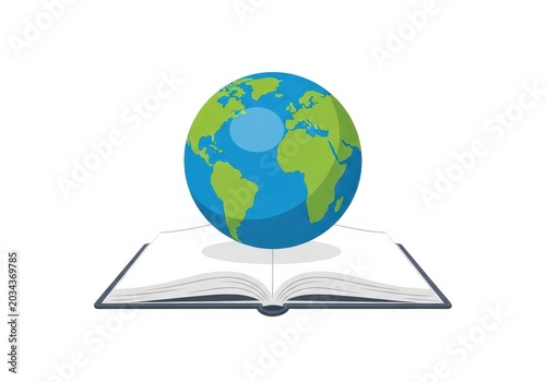 A globe emerging from an open book symbolizing knowledge and global understanding