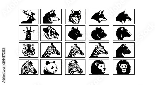 Photography Collection of black and white animal icons featuring various wildlife heads and