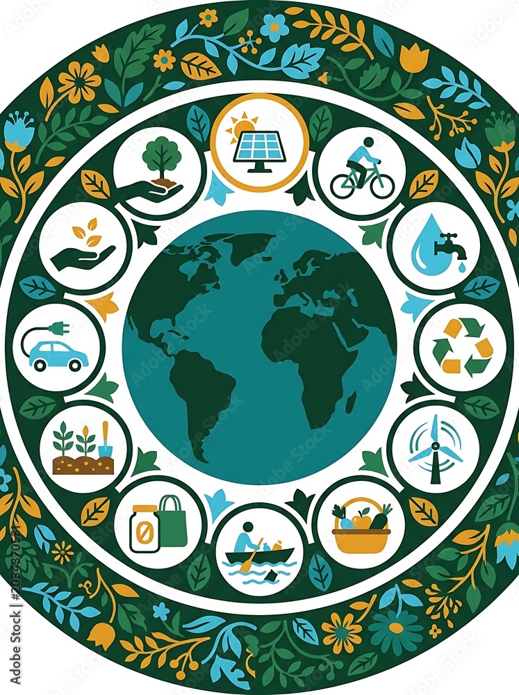 Naklejka premium Sustainable lifestyle concept with earth globe and ecology icons. Green environmental protection circle with renewable energy and recycling symbols. Eco friendly nature conservation art.