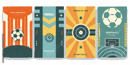 Football posters with vintage inspired graphic designs and geometric shapes