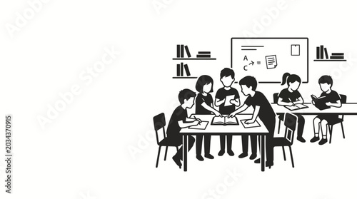 Fotografía A group of diverse students collaborating on a learning project in a classroom setting