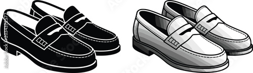 Obraz na płótnie Classic Penny Loafer Shoe Vector Set Featuring Black Silhouette and Grayscale Sh