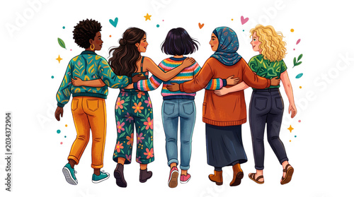 Bild auf Leinwand Bright digital illustration of diverse women embracing from the back symbolizing