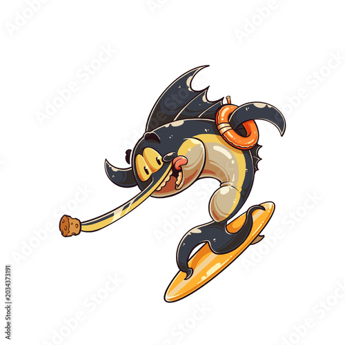 Cute cartoon illustration sailfish character happily surfing on an orange surfboard with a lifebuoy, ideal for children's apparel, summer beach party invitations, and sticker designs.
