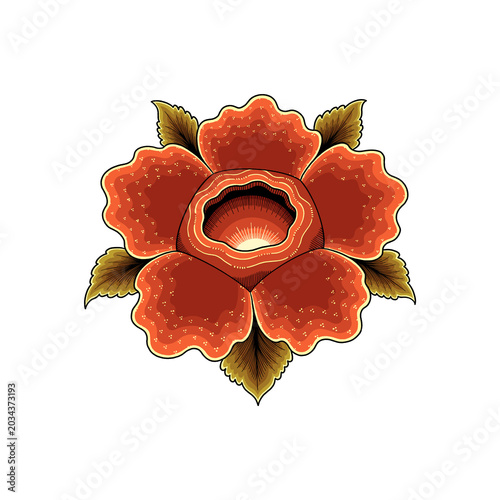 Beautiful Indonesian batik-inspired illustration of a Rafflesia arnoldii flower in vibrant red and gold, perfect for traditional textile patterns, cultural posters,apparel, and branding.