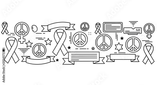 Tableau sur toile Black and white line art pattern of peace symbols and awareness ribbons