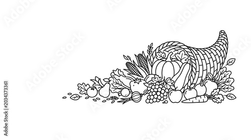 Photos Black and white outline drawing of a traditional Thanksgiving cornucopia overflowing with harvest fruits and vegetables