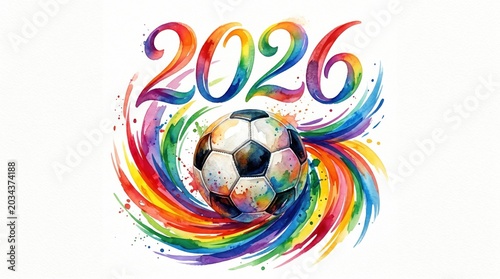 Vibrant watercolor illustration of a soccer ball with swirling rainbow colors and the year world cup 2026