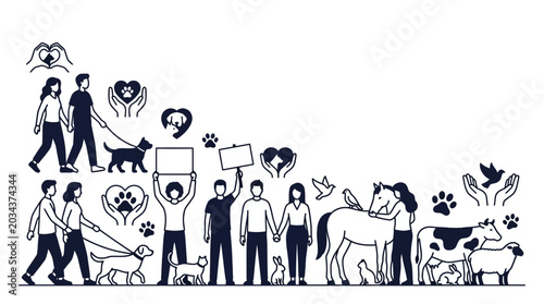 Foto Diverse group of people interacting with various animals and pets in a line illustration