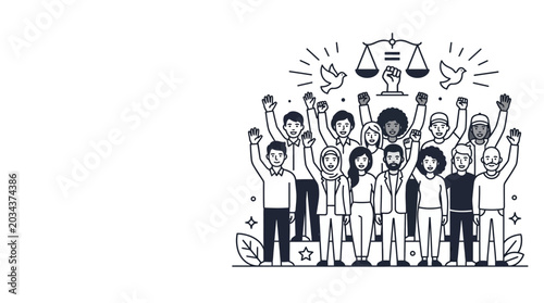 Diverse group of people standing together in unity with raised hands and symbols of justice.