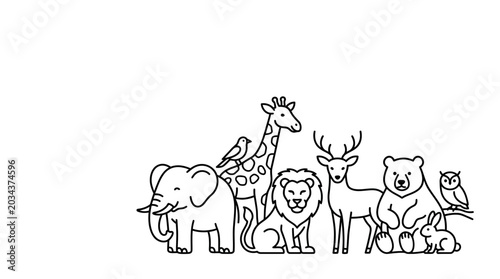 Canvas Print Collection of various wild animals in a cute outline style.