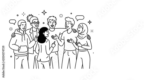 Diverse group of happy young friends standing together talking and smiling.