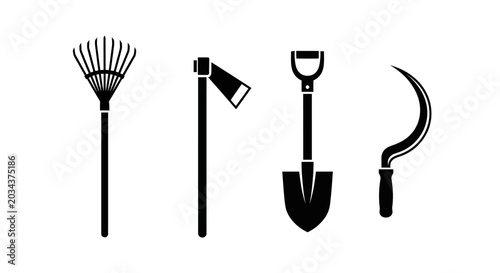 Tableau sur toile Gardening tools icons set including rake hoe shovel and sickle for yard work and