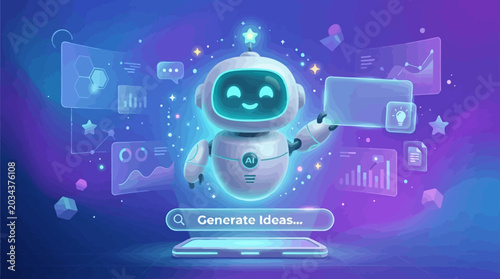 Futuristic ai robot generates ideas on laptop with glowing blue interface and purple background