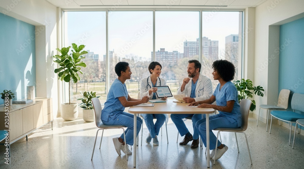 Fototapeta premium Medical Professionals Collaborating And Discussing Strategies At Bright Sunny Conference Room