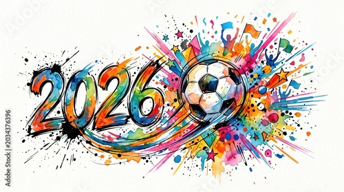 Vibrant cup world 2026 illustration with soccer ball and colorful paint splatters isolated on white background