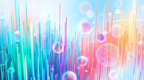 A vibrant digital illustration of colorful bars and bubbles in a gradient sky
