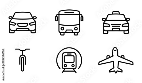 Set of vector icons illustrating various modes of transport including cars bus taxi bicycle train airplane with airplane