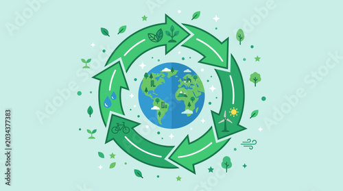 Photos Earth planet surrounded by a green recycling arrow cycle icon.