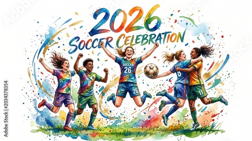 Vibrant illustration of world cup 2026 soccer celebration with players in action isolated on white background
