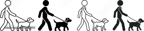 Set of four vector illustrations depicting stick figures walking dogs on leashes, representing pet ownership and daily routines, stick figure