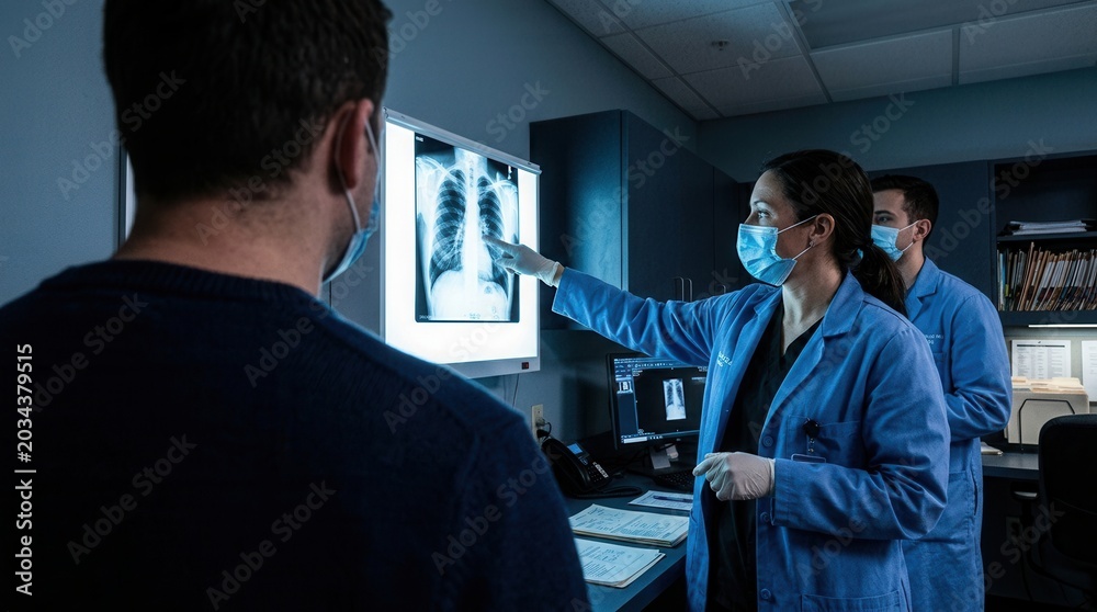 Fototapeta premium Medical Professionals Discussing X-Ray Results In Modern Examination Room