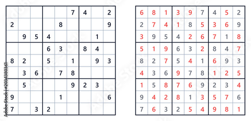Schilderij op canvas Classic Sudoku puzzle grid with medium difficulty level on the left and complete