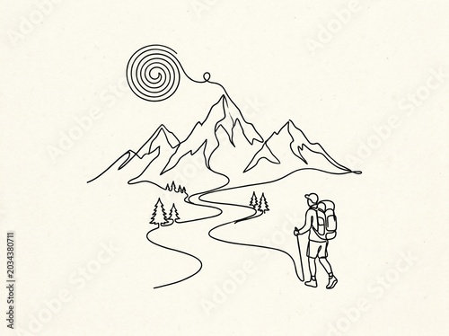 Hiker Exploring Mountain Trail with Compass in Minimalist Line Drawing Style
