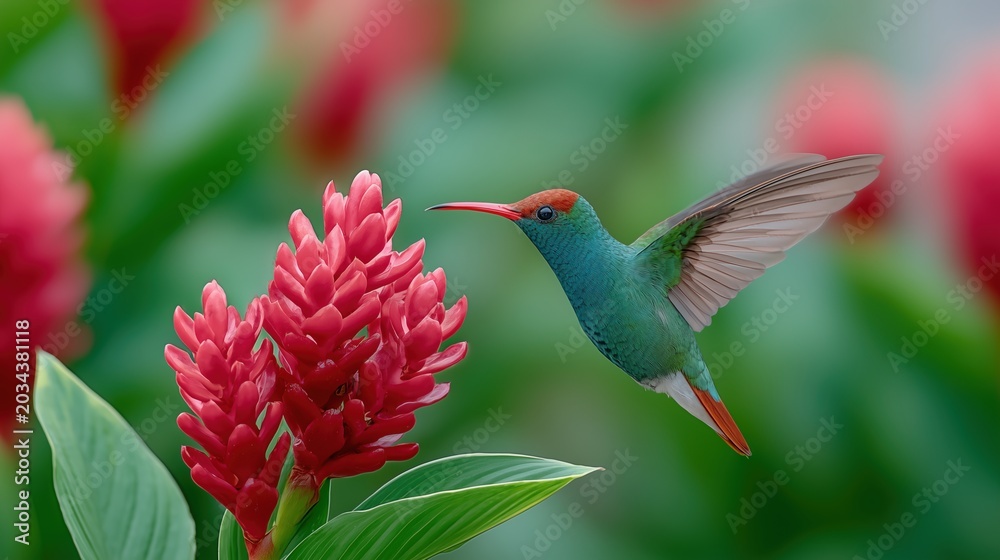 Fototapeta premium Vibrant Hummingbird Feeding on Exotic Flower