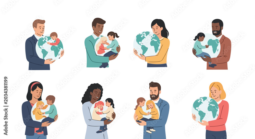 Fototapeta premium Diverse parents holding babies with globe illustration on family concept isolated on white background