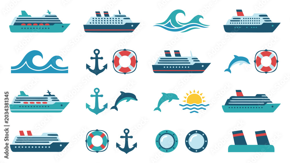 Naklejka premium Comprehensive Flat Vector Icon Collection of Cruise Ships, Sea Waves, Anchors, Lifebuoys, and Dolphins. Nautical Maritime Elements for Travel, Vacation, and Marine Transport on White Background.