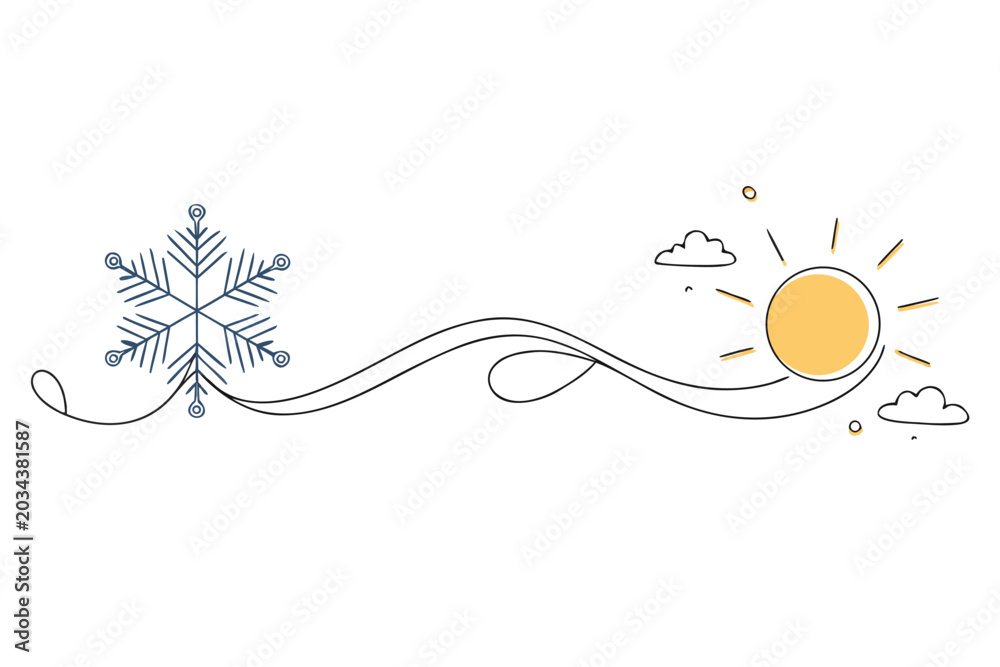 Obraz premium Minimalist continuous line art illustration of a snowflake and sun connected by a wavy line, representing seasonal changes, winter to summer transition, climate, and temperature variations.